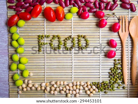 Food label background decorated with beans and fresh colorful vegetable