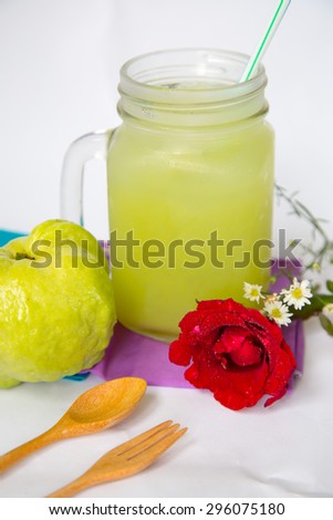 Guava Juice In Big Cup And Guava Fruit On White Background