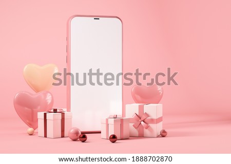 Valentines day concept, Mobile phone with gift boxes and hearts. 3d rendering