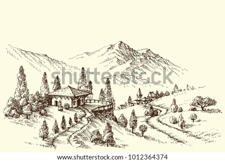 Farm And Village Landscape Sketch Mountain Farm And Village Landscape Sketch Mountain