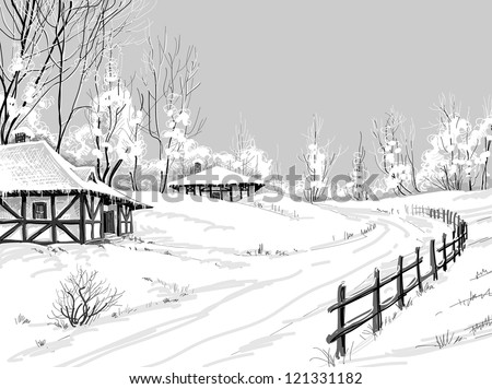 Idyllic winter landscape vector hand drawing