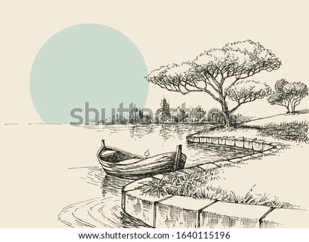 Empty boat on shore in the park, relaxation in nature sketch