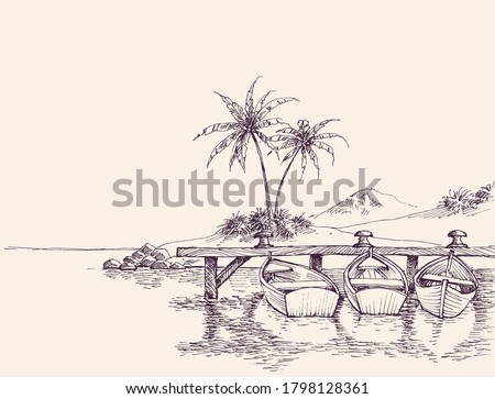 Wharf drawing, empty boats and palm trees on sandy beach