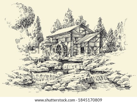 Watermill and river idyllic landscape hand drawing