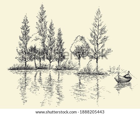 Small boat on calm water, lake drawing, sketched border of trees in the background