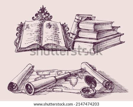 Study geography objects and exploration drawings. Stack of books, old map, compass and spyglass