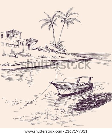 Boat anchored on sea shore near the beach, relaxation in nature vector hand drawing