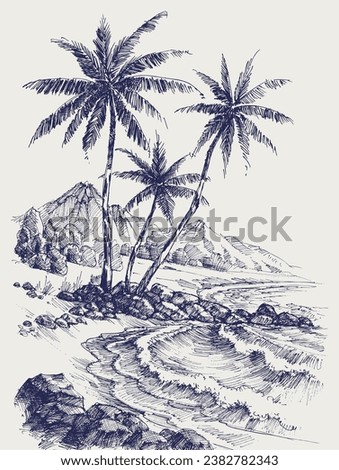 Palm trees on rocky sea shore vector hand drawing