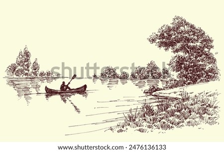 Wooden boat, man rowing on calm water, lake hand drawing