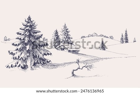 Winter landscape with a small isolated house and pine trees sketch