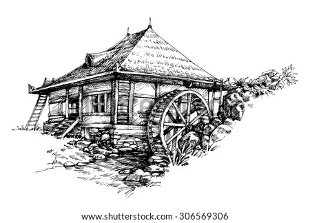 Watermill hand drawn artistic illustration