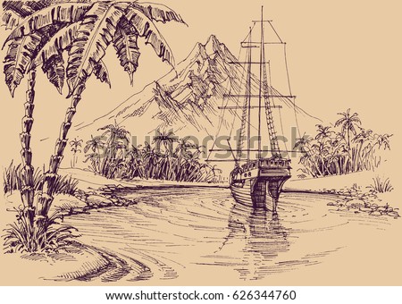 Tropical gulf and boat. Pirate's bay illustration