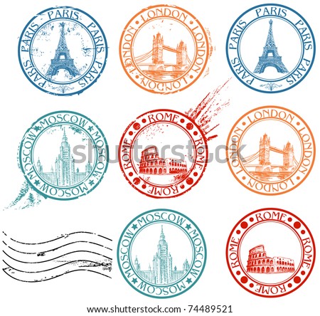 City stamps collection with symbols: Paris (Eiffel Tower), London (London Bridge), Rome (Colosseum), Moscow (Lomonosov University)