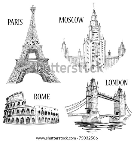 European cities symbols sketch: Paris (Eiffel Tower), London (London Bridge), Rome (Colosseum), Moscow (Lomonosov University)