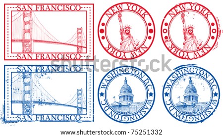 USA famous cities stamps with symbols: New York (Statue of Liberty), San Francisco (Golden Gate), Washington D.C. (United States Capitol)