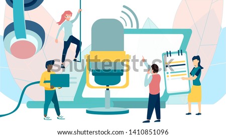 Online training, podcast, radio. Podcast concept illustration. People working together for creating podcast.  Isolated illustration