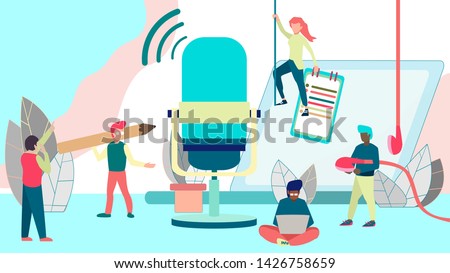 Online training, podcast, radio. Podcast concept illustration. People working together for creating podcast.  Isolated illustration
