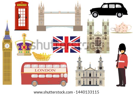 Set of famous london symbols. Royal family crown, 5 o'clock tea, cab, quenns guard, big ben, westminster, st pauls cathedral, tower bridge, red telephone box, doubledecker bus, fish and chips. Vector
