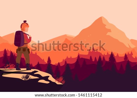 Man with backpack and go pro, traveller or explorer standing on top of mountain and photo the gradient land. Concept of discovery, exploration, hiking, adventure tourism and travel. 