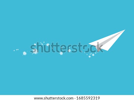 Paper airplane flying trajectory in the blue sky. Concept of travelling or of first or preliminary stage of project