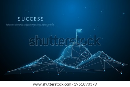 Flag on the top of Mountain form lines, triangles and particle style design. Illustration vector. Mountain climbing route to peak. Business journey path in progress to success vector concept.