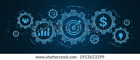 success and business target concept, project management, company strategy development in Cogs and gear wheel mechanisms concept. wireframe low polygonal blue mesh with dots, lines, and shapes.