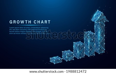 Abstract image of a growth chart in glowing blue. Low polygon, particle, and triangle style design.Wireframe light connection structure. Vector wireframe concept.