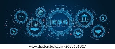 ESG banner web icon for business and organization, Environment, Social, Governance in Cogs and gear wheel mechanisms concept. wireframe low polygonal blue mesh with dots, lines, and shapes.