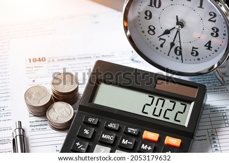 2021 number displayed on a calculator. Business and tax concept. Pay tax in 2022 years. The new year 2022 tax concept
