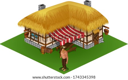 Isometric Viking Man Character in Front of Medieval Tavern
