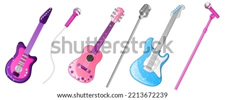 Girly Guitars and Microphones Set in Fun Colors. Vector Illustration