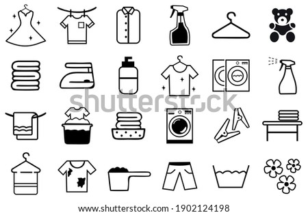 Laundry icons set.  Washing machine and dirt shirt symbol. hand washing, soap bubbles in basin icons. Dry t-shirt, laundry service, Clean clothes. editable. Vector