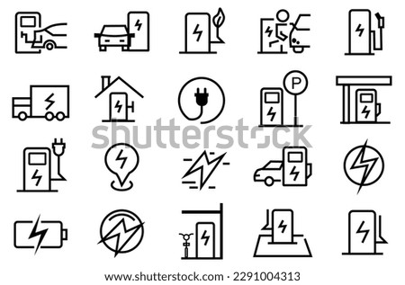20 Set of Car Charging Station Icons illustration. Contains such Icons as Car plugged to charge, Energy car, Electric socket station, Battery. Editable file