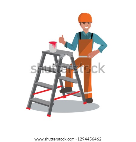 Worker in orange coverall  with helmet on head, ladder and paintbucket