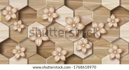 3D wallpaper background, Wooden High quality Hexagon rendering decorative Honeycomb mural wallpaper illustration, 3D flower Living room wallpaper.