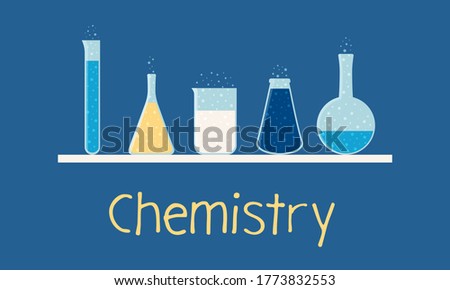 Set of chemistry glassware. Collection of flasks of different shapes. Test tube, conical flask, beaker, florence flask. Back to school element. Vector illustration of science equipment