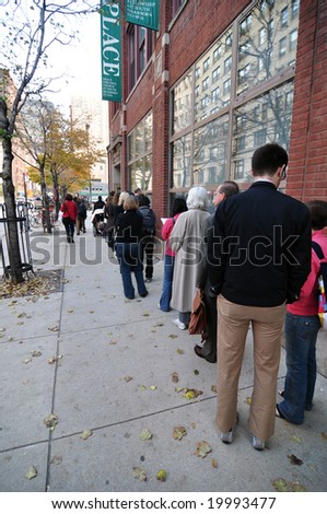 CHICAGO, IL - NOVEMBER 4: Voters wait outside a polling place on November 4, 2008 in Chicago, IL
