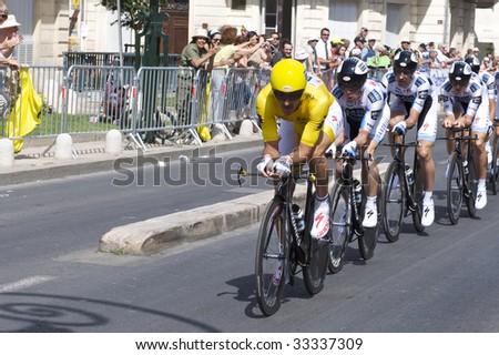 MONTPELLIER, FRANCE - JULY 7: Team Saxobank pushes forward in Stage 4 of the 2009 Tour de France on July 7, 2009 in Montpellier, France.