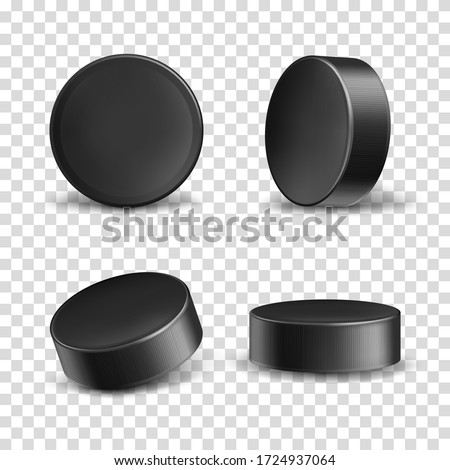 Vector set of 3d realistic black rubber pucks for play ice hockey isolated on transparent background. Hard round disk, sport equipment, inventory for winter team game on skating rink