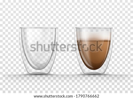Vector realistic illustration of glasses empty and full of coffee, isolated on transparent background. Double walled glass mug with hot drink, cappuccino or latte. Mockup for brand advertising. 