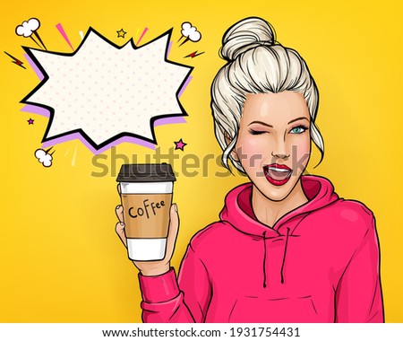 Pop art vector ad banner with winking young blonde hair woman in pink hoody holding paper coffee cup with plastic lid illustration on yellow background. Take away drink concept. Coffee shop poster.