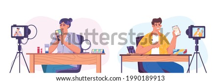 Flat characters making internet content or creating video for vlog channel. Woman vlogger showing cosmetic products in front of camera. Blogger showing gadget and recording review of new mobile phones