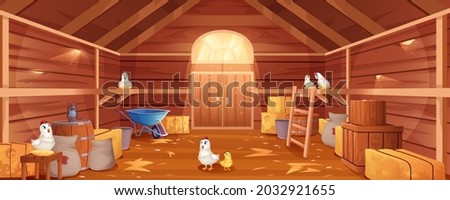 Cartoon barn interior with chickens, straw and hay. Farm house inside view. Traditional wooden ranch with haystacks, sacks, gate and window. Old shed building with hen nests and garden tools.