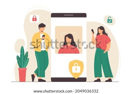 Facial recognition technology concept. Face ID system in smartphone app, biometric identification concept. Man and woman stand with phones and scan faces to verify identity of person and unlock device