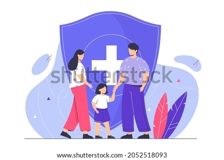 Family life insurance. Young couple with kid protecting health with shield. Flat characters protected from accident. Healthcare or life protection concept. Medical support vector illustration.