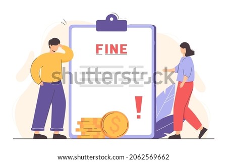 Flat people getting paper sheet with fine. Man and woman paying traffic bill, tax or parking fee. Penalty of money, debt or financial punishment from police. ストックフォト © 