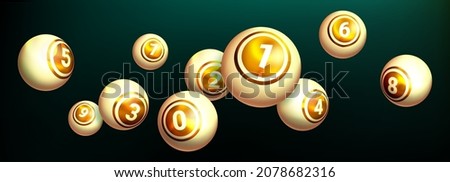 Realistic golden lottery ball on dark background.  Flying gold balls with numbers of winning combination for gambling game. Collection glossy spheres for lotto, kenny and bingo.