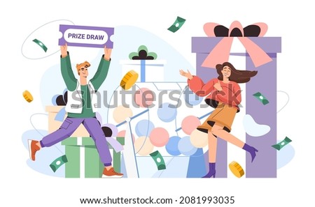 Prize draw vector flat illustration. Lucky girl winning prizes gift box and money prize in gambling game. Happy winner woman near raffle drum with lottery balls. Luck or fortune concept with character
