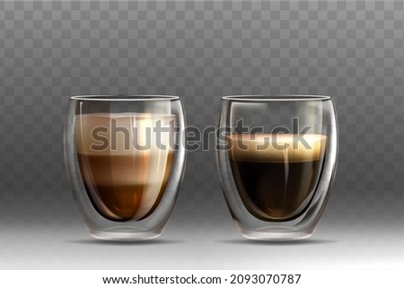 Realistic vector illustration set of hot coffee in glass cups with double walled on grey background. Americano and cappuccino drink with milk foam. Mockup template for branding or product design.