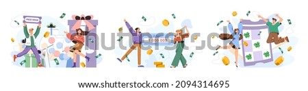 Lottery win flat vector illustration set. Lucky winners playing lotto, take part in prize drawing and receive money prize in gambling games. Happy people winning prizes. Luck and fortune concept.